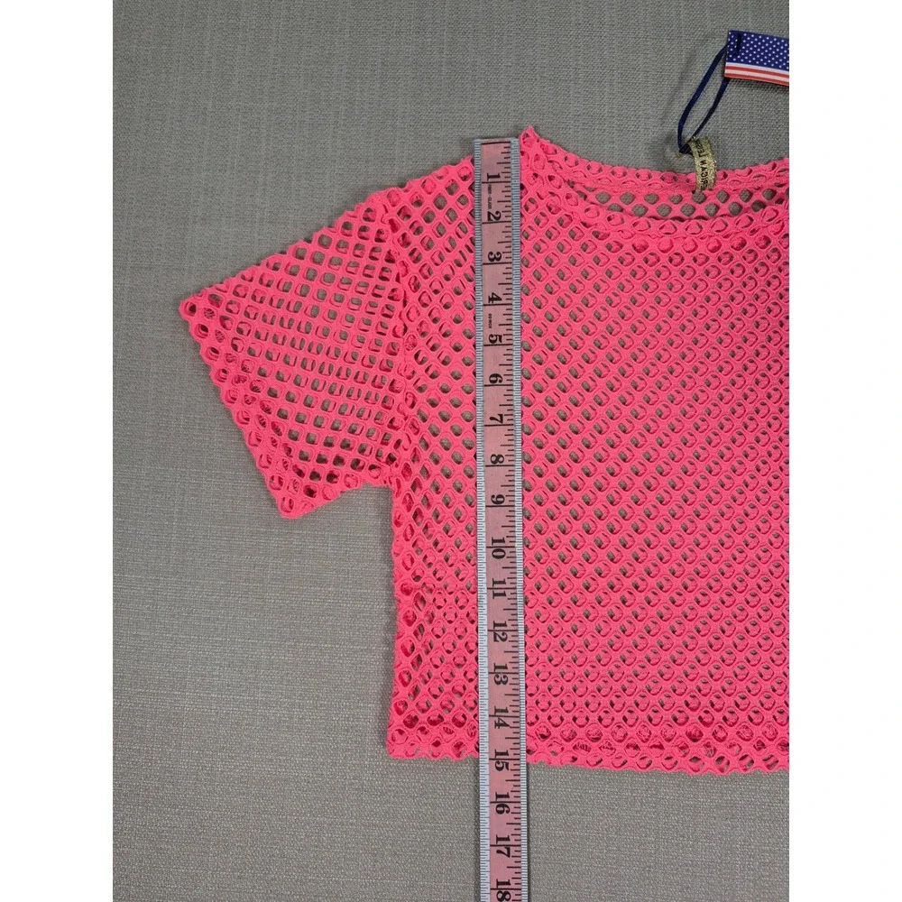 American Leisure Pink Mesh Two Piece Swimsuit Cover Up Crop Top Shorts Set S